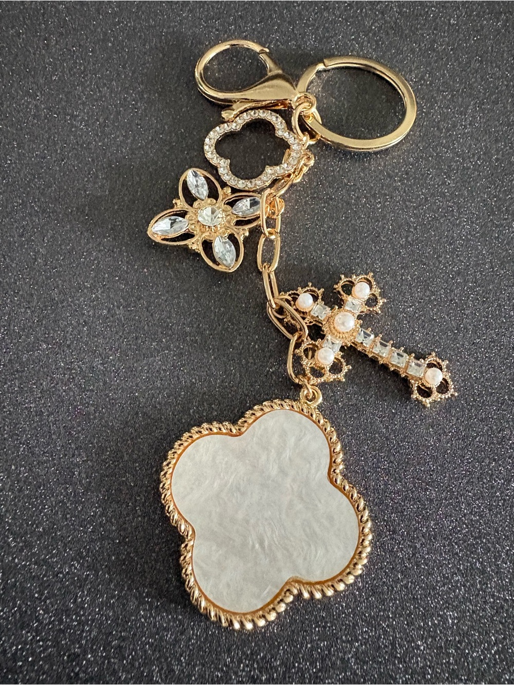 Gold-tone Clover Keychain and Bag Charm with Mother-of-Pearl Accent
